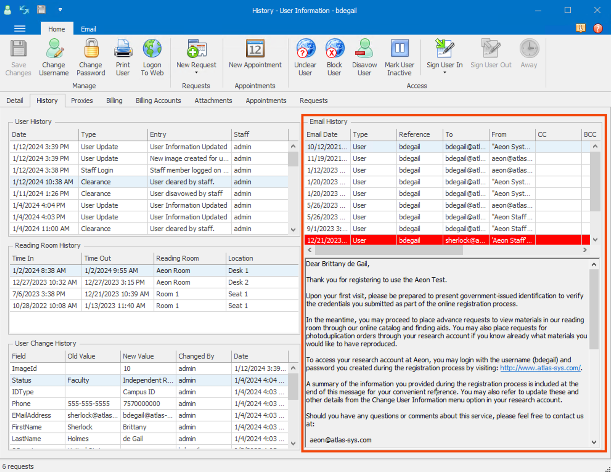 Email History grid highlighted in desktop client